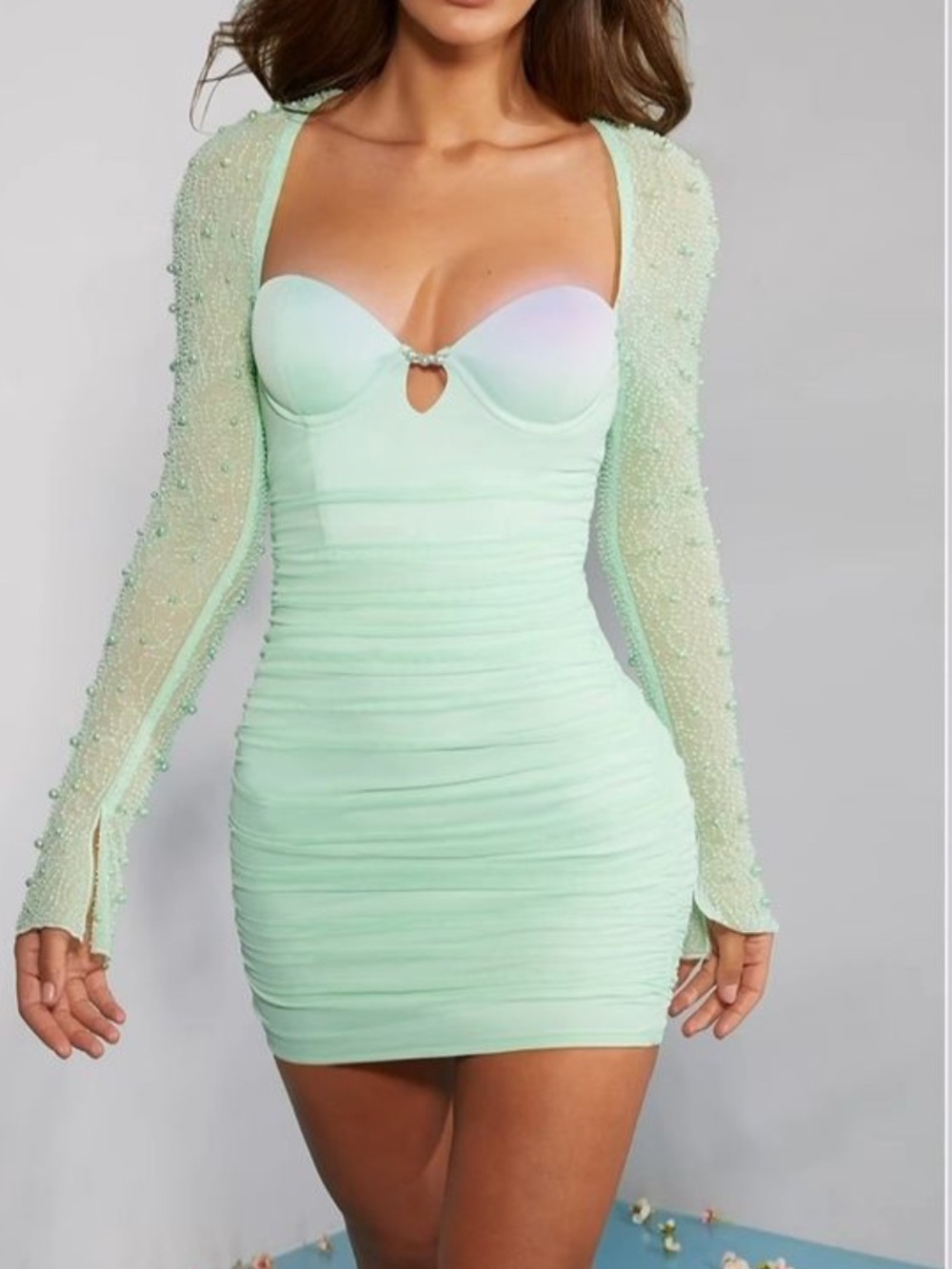 Oh Polly Mint Green Bodycon Mini Dress with Sheer Beaded Sleeves  Sz 0 NWT